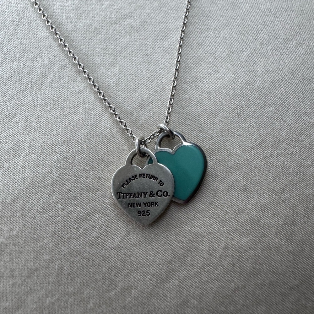 Tiffany & Co. Silver and Teal Double Heart Necklace